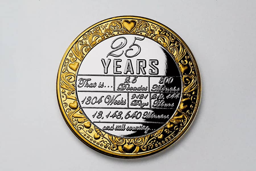 Which precious metal marks 25 years of marriage?