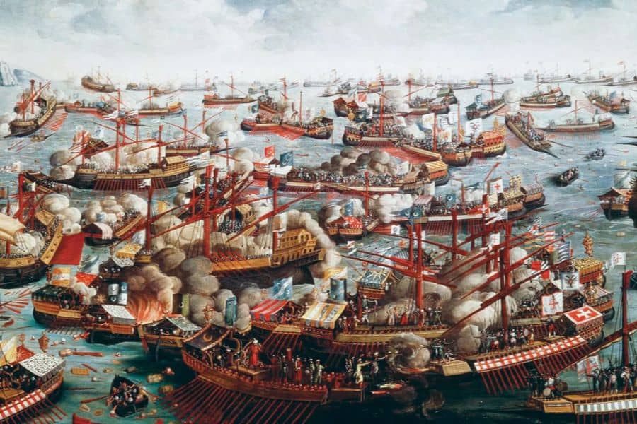The Battle of Lepanto was fought mainly at sea against which empire?