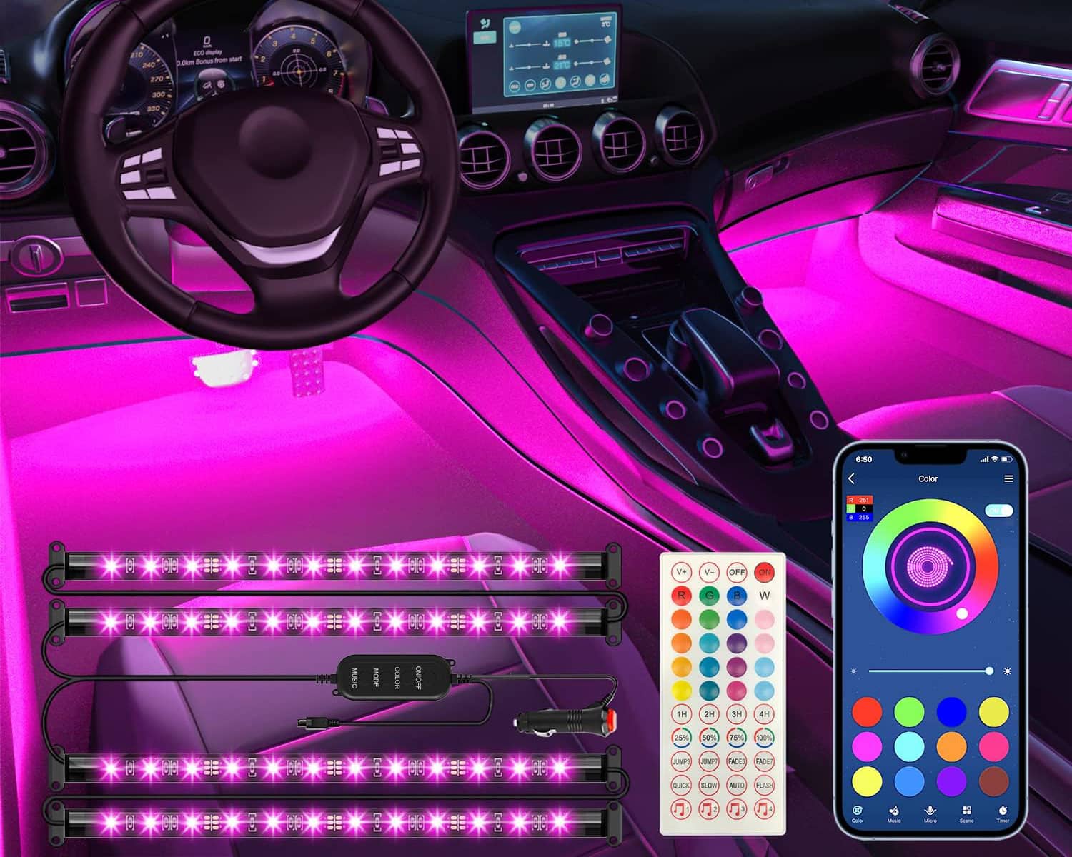 Interior Car Lights Keepsmile Car Accessories APP Control with Remote Music Sync Color Change RGB Under Dash Car Lighting