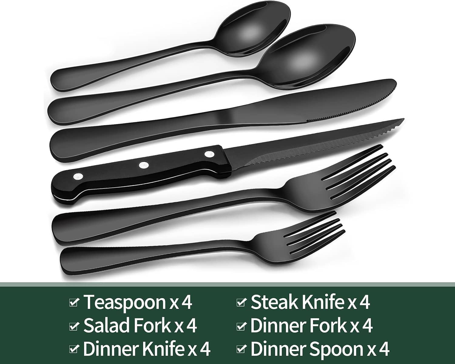 24-Piece Black Silverware Set with Steak Knives